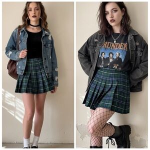 Forever 21 Green Navy Tartan Plaid Pleated Mini Skirt Preppy Academia Style Sz S